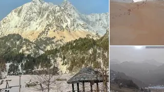 Las fotos más espectaculares de la calima en Aragón: la nieve del Pirineo teñida de marrón