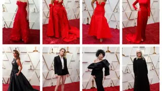 De rojo: Kirsten Dunst, Ariana DeBose, Traci Ellis Boss y Marlee Martin. De negro: Penélope Cuz, Kristen Stewart, Rita Moreno y Jane Campion.