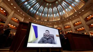 Ukraine's President Zelensky addresses the Romanian Parliament by video link