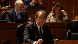 El consejero de Hacienda, Carlos Pérez Anadón, en el debate parlamentario de este martes sobre la presión fiscal en Aragón.
