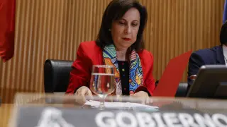 La ministra de Defensa, Margarita Robles, durante su comparecencia este miércoles ante la Comisión de Defensa del Congreso