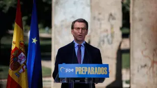 El presidente nacional del PP, Alberto Núñez Feijóo, participa en el acto organizado por el PP para conmemorar el Día de Europa y el LXXII aniversario de la Declaración Schuman.