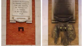 La placa, antes y después del acto vandálico en el centro de Madrid