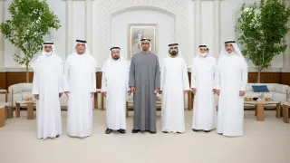 Sheikh Mohammed Bin Zayed, de gris, acompañado de sus valedores.