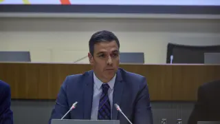Pedro Sánchez durante la apertura del Fondo Empresarial España-Catar, este miércoles.