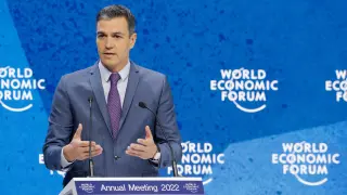 El presidente del Gobierno, Pedro Sánchez, durante su intervención en el Foro Económico Mundial celebrado en Davos (Suiza).
