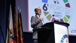 Juan Antonio Sánchez Quero, este viernes durante el discurso de apertura del VI foro de alcaldes y alcaldesas de la provincia de Zaragoza que se ha recuperado tras el parón por la pandemia