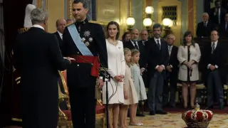 El rey don Felipe, durante su proclamación ante las Cortes Generales, el 19 de junio de 2014.