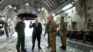 British Prime Minister Boris Johnson arrives at RAF Brize Norton in Oxfordshire