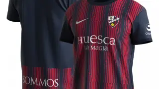 Primera equipación de la SD Huesca para la temporada 2022-23.