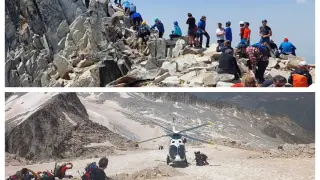 Una imagen de las colas en el paso de Mahoma y un rescate en el glaciar, el pasado fin de semana.