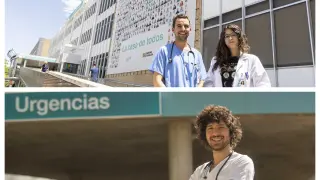 Arriba, Santi Arana y Marta Sánchez en el Hospital Miguel Servet. Abajo, Ramón Guiote en el Hospital Clínico de Zaragoza.