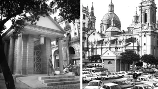 Dos imágenes del exterior del templete de la plaza del Pilar allá por 1986.