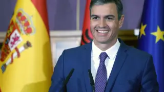 Pedro Sánchez, en su visita a Tirana, este viernes.
