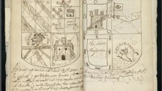 Doble página del manuscrito de ‘Familias de Aragón, Cataluña, Navarra. y Castilla’.