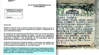 Carta de la DGA a todos los municipios para que conserven las lápidas como la de la foto, Fuentes de Rubielos.