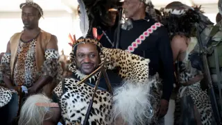 Zulu monarch King Misuzulu ka Zwelithini smiles during a traditional ceremony ahead of his coronation in Nongoma