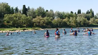 Ciudadanos que bajan en canoas y piraguas de Ebronautas por el río en Zaragoza, entre el puente de la Ronda Norte (de la A-2) y el puerto de Vadorrey, saltan y se bañan.