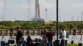 NASA's next-generation moon rocket, the Space Launch System (SLS) , with its Orion crew capsule on top, sits on the pad after the launch of the Artemis I mission was scrubbed, at Cape Canaveral