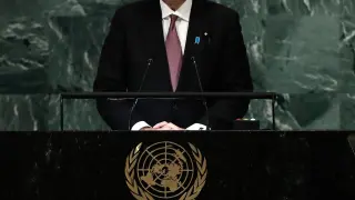 Kishida Fumio, primer ministro de Japón, durante su discurso en la 77 reunión de la Asmblea General de la ONU.