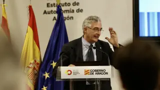 El consejero de Agricultura, Ganadería y Medio Ambiente, Joaquín Olona, durante la inauguración de la II Aragón Climate Week.