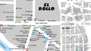 Mapas con los bares más famosos de la Zona, el Rollo y el Casco en los 90 y en los 2000.