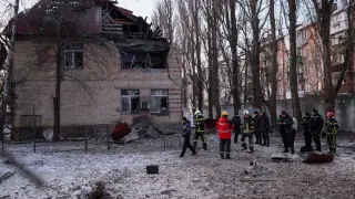 Zona atacada con drones este miércoles en Kiev
