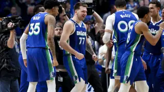 Dec 27, 2022; Dallas, Texas, USA; Dallas Mavericks guard Luka Doncic (77) reacts after scoring during the fourth quarter against the New York Knicks at American Airlines Center. Mandatory Credit: Kevin Jairaj-USA TODAY Sports BASKETBALL-NBA-DAL-NYK/