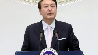 El presidente surcoreano, Yoon Suk-yeol, durante su discurso en la celebración del inicio del año en los negocios en Corea del Sur.