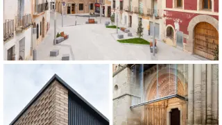 Arriba, la plaza de España de Épila. Abajo, a la izquierda, una vivienda en Barbastro y la restauración del pórtico norte de la Iglesia del Salvador en Ejea.