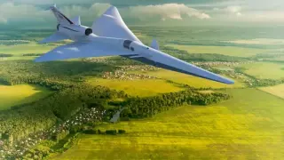 Representación del X-59 en un vuelo supersónico silencioso sobre un pequeño pueblo.