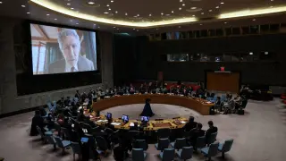 El cofundador de Pink Floyd, Roger Waters, habla en una pantalla de video durante una reunión del Consejo de Seguridad de la ONU sobre Ucrania en la sede de las Naciones Unidas en la ciudad de Nueva York