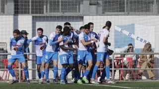 Celebración del gol del Ebro ante el Deportivo Aragón.