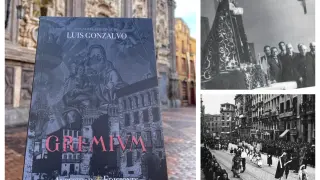 La portada del libro de Gonzalvo y dos imágenes históricas de la Semana Santa.