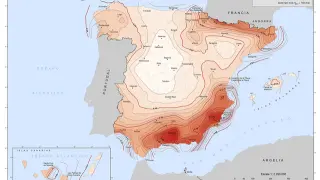 Mapa de peligrosidad sísmica en la península ibérica.