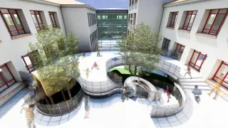 La recreación virtual muestra cómo quedará el recreo interior del Colegio Ensanche. Al fondo, el gimnasio cubierto.