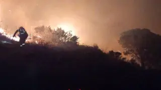 Bomberos de la Generalitat trabajan en la extinción de un incendio forestal en Selva del Camp (Tarragona).
