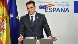El presidente del Gobierno, Pedro Sánchez, tras una rueda de prensa tras finalizar el Consejo Europeo
