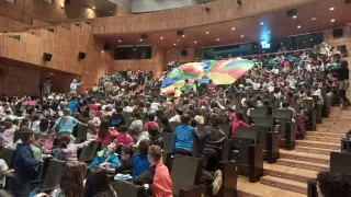 Los escolares han desplegado una gran bandera sobre las butacas del auditorio Carlos Saura del Palacio de Congresos.