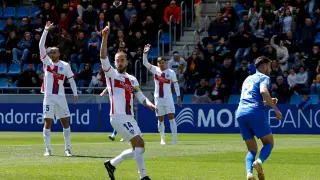 Jorge Pulido reclama fuera de juego en el gol del Andorra.