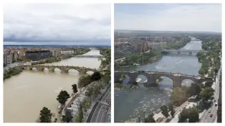 A la izquierda, crecida del Ebro en abril de 2018 y a la derecha, la situación tras la sequía que se vive en abril de 2023