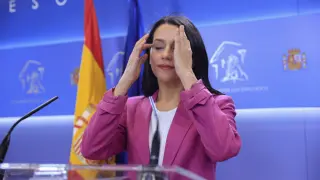 La portavoz de Ciudadanos en el Congreso, Inés Arrimadas, durante la rueda de prensa ofrecida este jueves en el Congreso para anunciar que deja la política