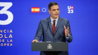 El presidente del Gobierno, Pedro Sánchez, durante la presentación de las prioridades de la Presidencia española del Consejo de la UE, en el Palacio de la Moncloa.