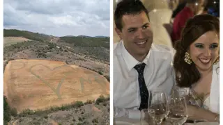 A la izquierda, el campo en el que Daniel dibujó el corazón y las iniciales de ambos. A la derecha, la pareja.
