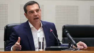 Opposition leader Alexis Tsipras, head of the left-wing Syriza party speaks at Zappeio Conference Hall in Athens, Greece, Thursday, June 29, 2023. Tsipras has announced his decision to step down after a crushing election defeat. The 48 year-old politician served as Greece's prime minister from 2015 to 2019 during politically tumultuous years as the country struggled to remain in the euro zone and end a series of international bailouts. (AP Photo/Petros Giannakouris) Associated Press/LaPresse Only Italy and Spain