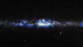 Ilustración de la Vía Láctea vista con una 'lente' de neutrinos (azul).