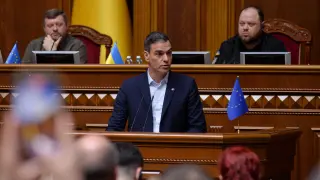 El presidente del Gobierno, Pedro Sánchez, en el Parlamento de Kiev (Ucrania)