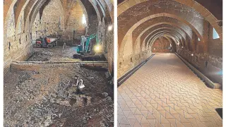 Antes y después de las obras de restauración y mejora de las naves de uno de los dormitorios de Sijena.