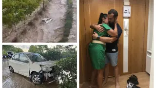 A la izquierda, el coche arrastrado por la riada. A la dcha., Arturo Tercero y su madre, abrazados al llegar a casa.