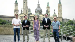 De izda a dcha, Jorge Pueyo (Sumar), Pedro Navarro (PP), Pilar Alegría (PSOE), Pedro Fernández (Vox), Francisco Juárez (Aragón Existe).